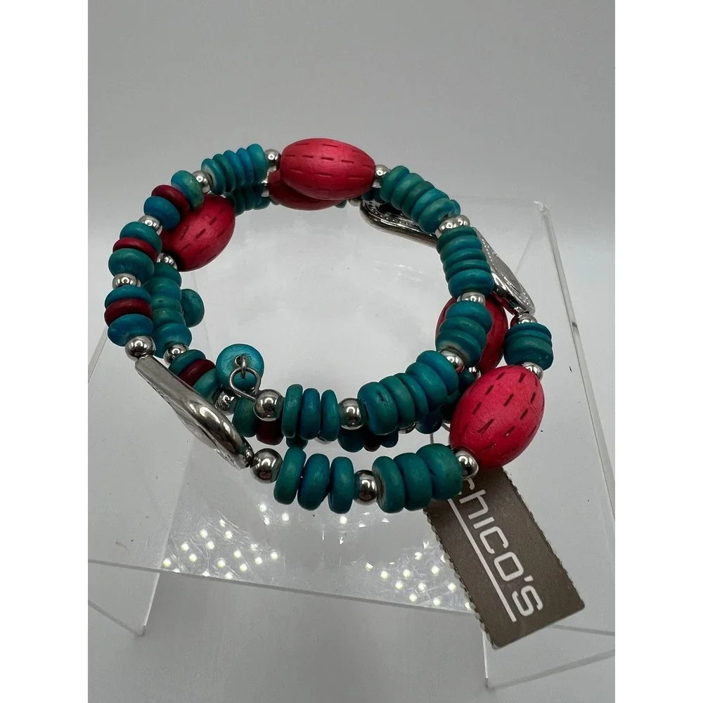 Chico's Wood Bead Wrap Bracelet Boho Coastal‎ Southwest Turquoise Red Wood OS